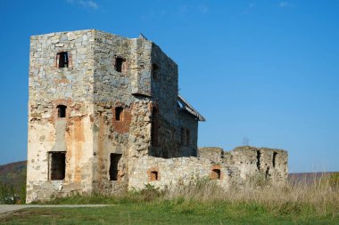 Stone tower in Pniv Castle - medieval historical object in Ivano-Frankivsk region of western Ukraine