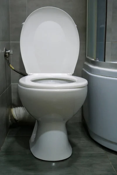 Toilet Room Interior White Toilet Bowl Shower Cabin Grey Wall — Foto de Stock