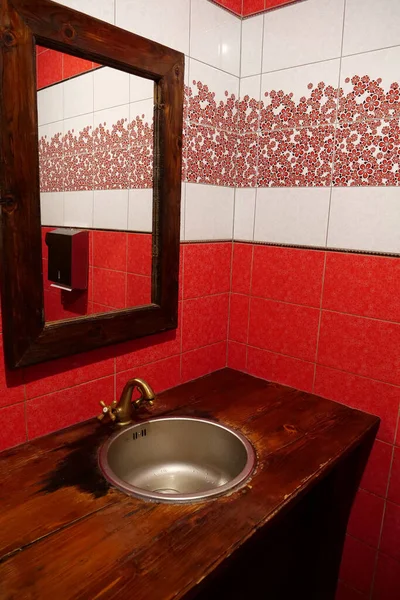 Toilet Room Interior Wash Basin Mirror Red Wall Tiles — стоковое фото