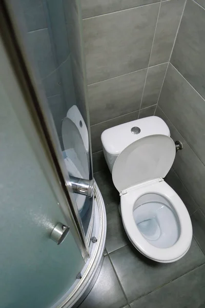 Pokoj Interiér Bílou Toaletní Mísou Sprchovací Kout Šedé Obklady Stěn — Stock fotografie