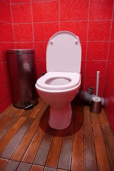 Toilet Room Interior White Toilet Bowl Open Lid Metallic Wastebasket — Stock Photo, Image