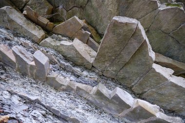 Prut Nehri yakınlarındaki taşlar, Ukrayna 'daki Karpat Dağları. Yaremche, Avrupa 'daki en büyük Stryi oluşumunu katlıyor. Burada bu oluşumun kayaları katlanmış ve kusurlu, gotik ya da simgesel tiplerdir.