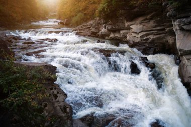 Güzel, güçlü bir şelale. Yaremche şehrinde Probiy şelalesi ve Prut nehri, batı Ukrayna