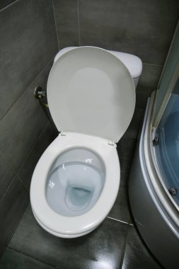 Toilet room interior with white toilet bowl, shower cabin and grey wall tiles