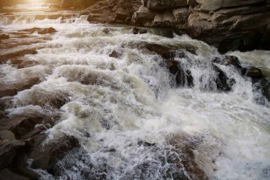Güzel, güçlü bir şelale. Yaremche şehrinde Probiy şelalesi ve Prut nehri, batı Ukrayna