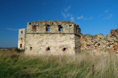 Stone tower in Pniv Castle - medieval historical object in Ivano-Frankivsk region of western Ukraine