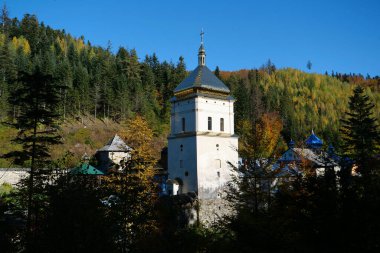 Ukrayna 'daki Karpat Dağları' ndaki ormanda Manyava Kutsal Haçın Yüceltilmesi skeci. Ortodoks hücre manastırı, taslak. Tahtanın yanında kutsal taş var. İbadet objesi.