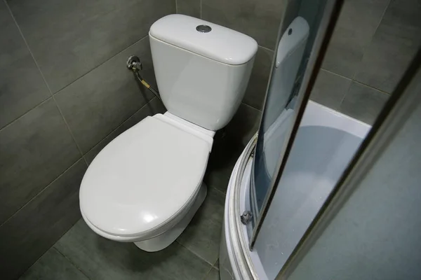 Toilet Room Interior White Toilet Bowl Shower Cabin Grey Wall — Stock Fotó