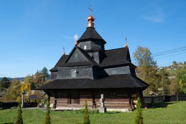 Church of Nativity of Blessed Virgin Mary of 17-18 centuries in Vorokhta, western Ukraine, Carpathians. Church belongs to Hutsul school of traditional temple building, was build without nails