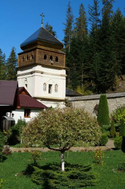 Ukrayna 'nın Karpat Dağları' ndaki ormanda Manyava Kutsal Haçın Yüceltilmesi skeci. Ortodoks hücre manastırı, taslak. Tahtanın yanında kutsal taş var. İbadet objesi.