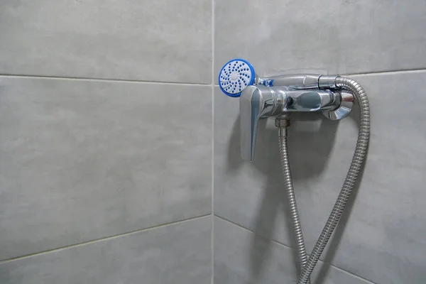 Shower Head Bathroom Chrome Faucet Grey Tiles Walls Water Flows — Photo