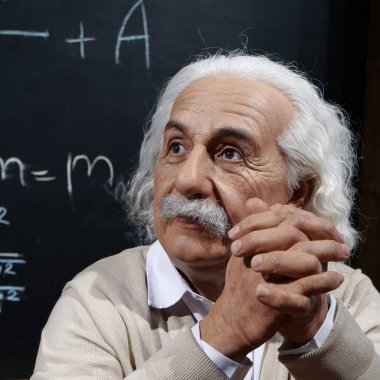 UKRAINE, BUKOVEL, OCTOBER 13, 2022: World-famous scientist, Nobel laureate, theoretical physicist, creator of theory of relativity Albert Einstein, who sits at the table