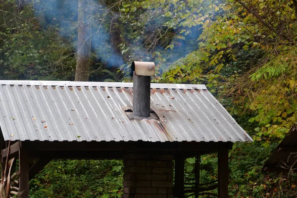 木で加熱する 煙突からの煙と二酸化炭素の排出は 排ガス 大気汚染 地球温暖化と気候変動の問題で家の中の木材を燃焼させるため — ストック写真