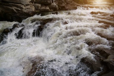 Güzel, güçlü bir şelale. Yaremche şehrinde Probiy şelalesi ve Prut nehri, batı Ukrayna