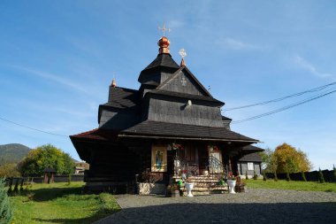 Church of Nativity of Blessed Virgin Mary of 17-18 centuries in Vorokhta, western Ukraine, Carpathians. Church belongs to Hutsul school of traditional temple building, was build without nails