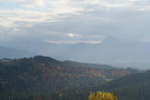 stock image View of the highest mountains in Ukraine - Hoverla, left, and Petros, right, Chornohora mountain range. View from Bukovel - village and largest ski resort in Carpathian Mountains