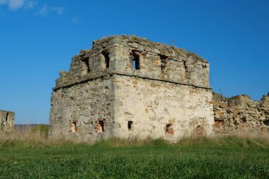 Stone tower in Pniv Castle - medieval historical object in Ivano-Frankivsk region of western Ukraine