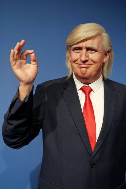 BUKOVEL, UKRAINE, 5 Ekim 2022: Donald John Trump 'ın balmumu figürü, Amerikalı işadamı, politikacı ve Amerika Birleşik Devletleri' nin 45.