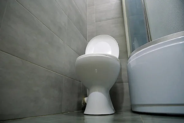 Інтер Туалетної Кімнати Білим Унітазом Душовою Кабіною Сірою Плиткою — стокове фото