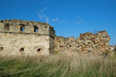 Stone tower in Pniv Castle - medieval historical object in Ivano-Frankivsk region of western Ukraine