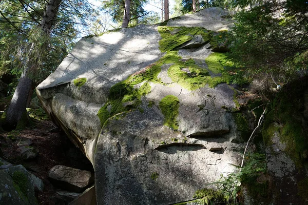 Ukrayna 'nın Yaremche şehri yakınlarındaki Dovbush Kayalıkları. Dovbush yolu - ormanlı dağ yamaçlarından geçerek, kaya yığınlarına kadar yükselir. Dovbush yolu Opryshky 'nin büyük lideri Oleksa Dovbush' un anısına yapıldı.