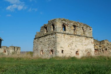 Stone tower in Pniv Castle - medieval historical object in Ivano-Frankivsk region of western Ukraine