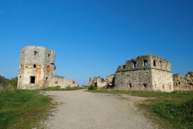 Stone tower in Pniv Castle - medieval historical object in Ivano-Frankivsk region of western Ukraine