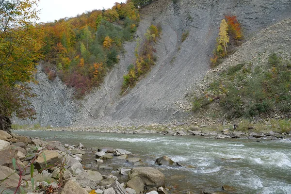 stock image Prut river and mountain folds in Yaremche, Ukraine, known as Yaremche folds - biggest outcrop of Stryi formation in Europe. Here rocks of this formation are folded and faulted, gothic or chevron types