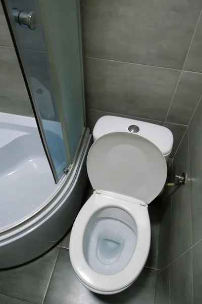 Toilet Room Interior White Toilet Bowl Shower Cabin Grey Wall — 스톡 사진