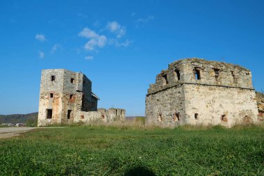 Stone tower in Pniv Castle - medieval historical object in Ivano-Frankivsk region of western Ukraine