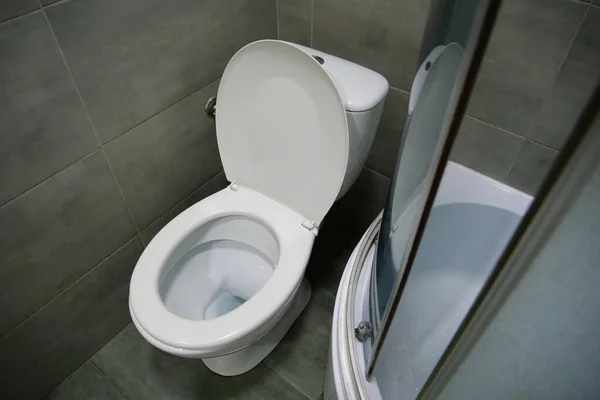 Badkamer Interieur Met Witte Toiletpot Douchecabine Grijze Wandtegels — Stockfoto