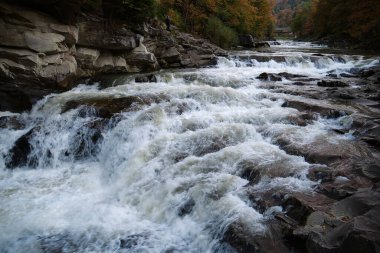 Güzel, güçlü bir şelale. Yaremche şehrinde Probiy şelalesi ve Prut nehri, batı Ukrayna