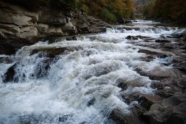 Güzel, güçlü bir şelale. Yaremche şehrinde Probiy şelalesi ve Prut nehri, batı Ukrayna