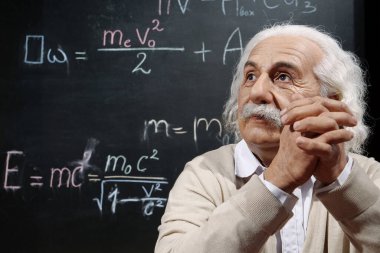 BUKOVEL, UKRAINE, OCTOBER 5, 2022: Wax figure of world-famous scientist, theoretical physicist, Nobel laureate, creator of theory of relativity Albert Einstein