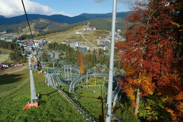 Bukovel Ukraine October 2022 People Ski Lift Bukovel Beautiful Village — Stock Photo, Image