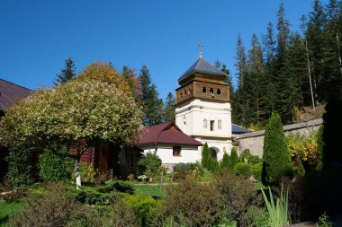 Ukrayna 'nın Karpat Dağları' ndaki ormanda Manyava Kutsal Haçın Yüceltilmesi skeci. Ortodoks hücre manastırı, taslak. Tahtanın yanında kutsal taş var. İbadet objesi.