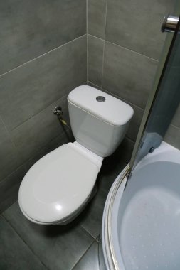 Toilet room interior with white toilet bowl, shower cabin and grey wall tiles