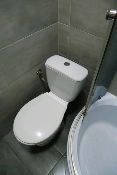Toilet Room Interior White Toilet Bowl Shower Cabin Grey Wall — Fotografia de Stock
