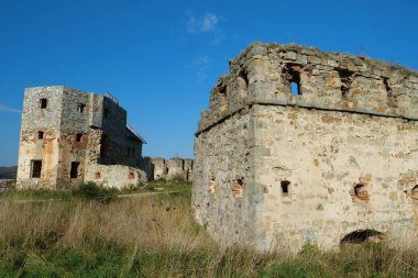 Stone tower in Pniv Castle - medieval historical object in Ivano-Frankivsk region of western Ukraine