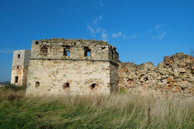 Stone tower in Pniv Castle - medieval historical object in Ivano-Frankivsk region of western Ukraine
