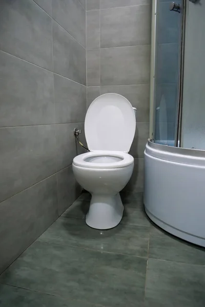 Badkamer Interieur Met Witte Toiletpot Douchecabine Grijze Wandtegels — Stockfoto