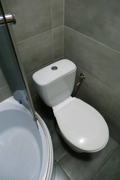 Pokoj Interiér Bílou Toaletní Mísou Sprchovací Kout Šedé Obklady Stěn — Stock fotografie
