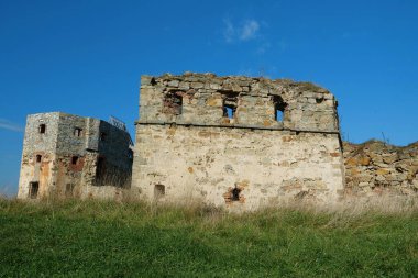 Stone tower in Pniv Castle - medieval historical object in Ivano-Frankivsk region of western Ukraine