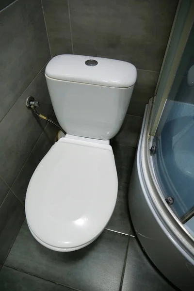 Wnętrze Toalety Białą Muszlą Klozetową Kabiną Prysznicową Szarymi Płytkami Ściennymi — Zdjęcie stockowe