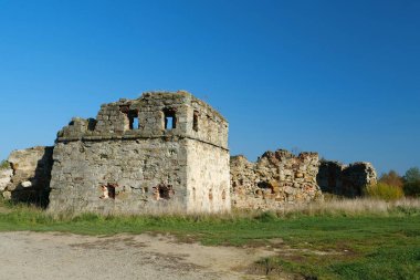Stone tower in Pniv Castle - medieval historical object in Ivano-Frankivsk region of western Ukraine