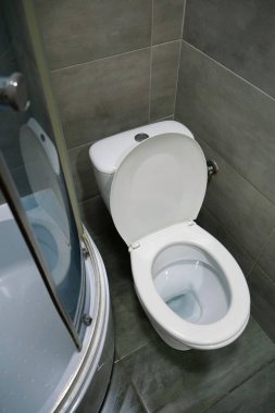 Toilet room interior with white toilet bowl, shower cabin and grey wall tiles