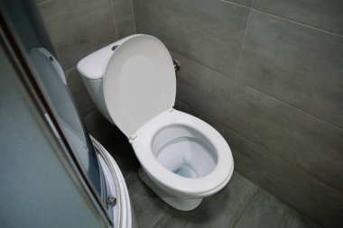 Toilet room interior with white toilet bowl, shower cabin and grey wall tiles