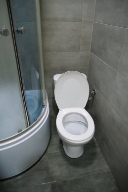 Toilet room interior with white toilet bowl, shower cabin and grey wall tiles