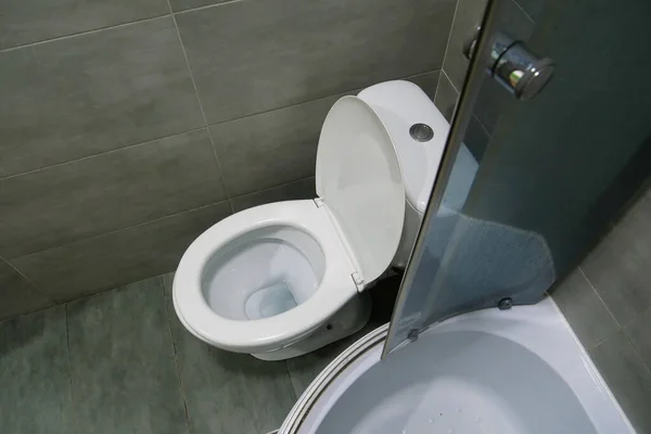 Toilet Room Interior White Toilet Bowl Shower Cabin Grey Wall — Stockfoto