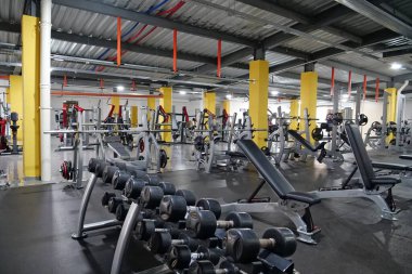 KYIV, UKRAINE, HAZİRAN 2, 2023: Spor salonunda farklı ağırlıkları olan bir çift dambıl. Cesedi pompalamak için dambıllar.